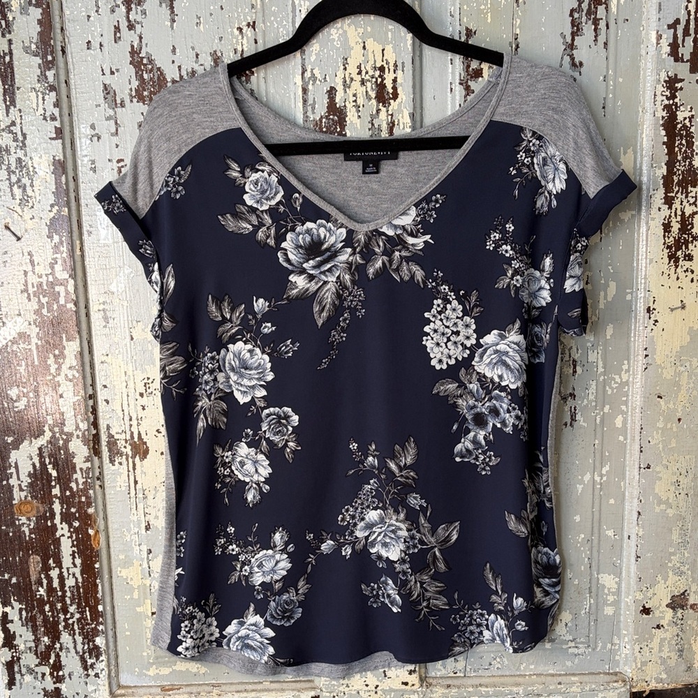 Floral Navy and Gray Blouse